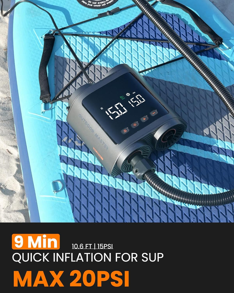 Load image into Gallery viewer, OutdoorMaster Vortex Paddle Board Pump Electric Portable, Max 20PSI SUP Air Pump Inflator &amp; Deflator, 12V/15.8V DC Input, Auto Off &amp; Cooling, 8 Nozzles Pump for Paddle Board, Inflatables - No Battery
