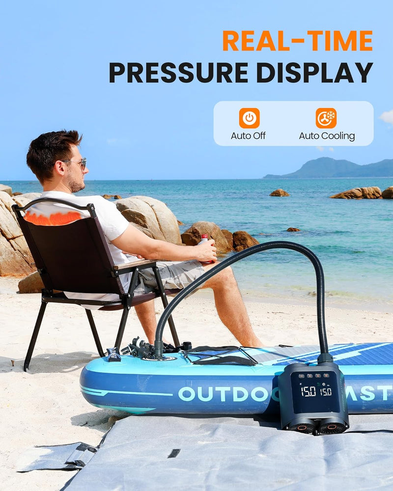 Load image into Gallery viewer, OutdoorMaster Vortex Paddle Board Pump Electric Portable, Max 20PSI SUP Air Pump Inflator &amp; Deflator, 12V/15.8V DC Input, Auto Off &amp; Cooling, 8 Nozzles Pump for Paddle Board, Inflatables - No Battery
