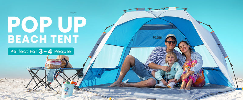 Load image into Gallery viewer, OutdoorMaster Pop Up 3-4 Person Beach Tent X-Large - Easy Setup, Portable Beach Shade Canopy Folding Sun Shelter with UPF 50+ UV Protection Removable Skylight Family Size (Blue)
