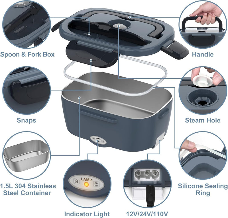 Load image into Gallery viewer, Electric Heated Lunch Box for Men/Women Home 80W Portable Food Warmer with 110V-250V Stainless Steel Leakproof Container for Work Travel Jobsite Camping Christmas White Elephant Gifts
