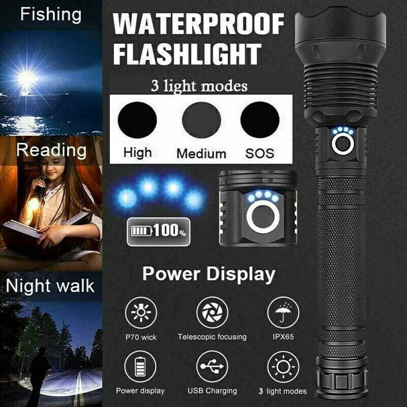 Load image into Gallery viewer, 99000LM Ultra Bright LED Tactical Flashlight 3-Modes Zoom Torch USB Charging
