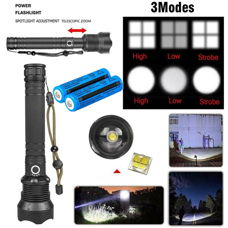 Load image into Gallery viewer, 99000LM Ultra Bright LED Tactical Flashlight 3-Modes Zoom Torch USB Charging
