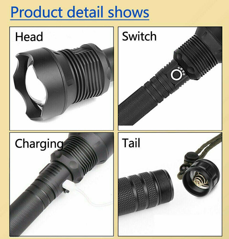 Load image into Gallery viewer, 99000LM Ultra Bright LED Tactical Flashlight 3-Modes Zoom Torch USB Charging
