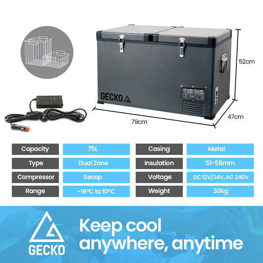 GECKO 75L Dual Zone Portable Fridge / Freezer, SECOP German Brand Compressor, for Camping, Car, Caravan