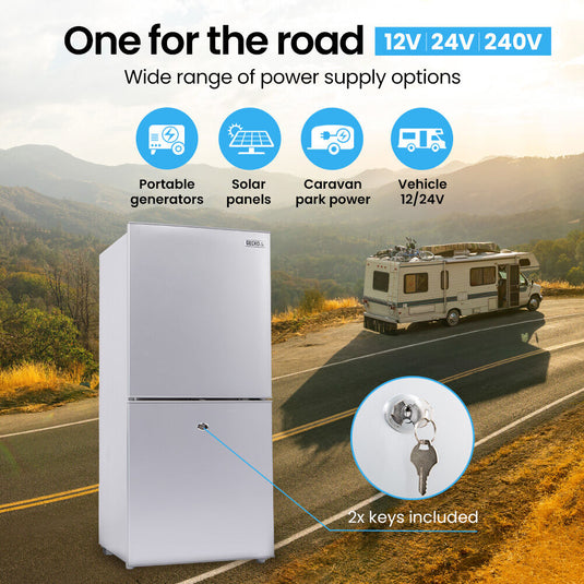 GECKO 119L Upright Portable Fridge / Freezer, 12V/24V/240V for Motorhome and Caravan, Silver