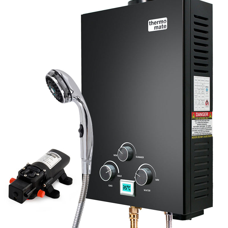 Load image into Gallery viewer, Thermomate Portable Gas Outdoor Camping Hot Water Heater System, with 12V Pump, Shower Head, Black
