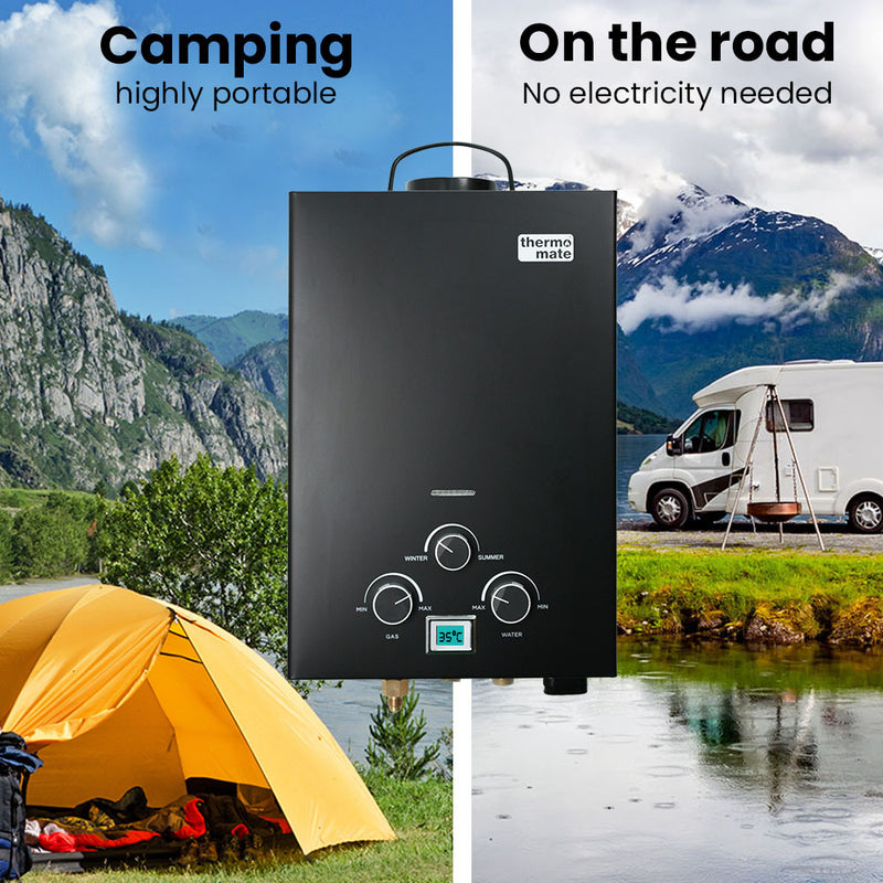 Load image into Gallery viewer, Thermomate Portable Gas Outdoor Camping Hot Water Heater System, with 12V Pump, Shower Head, Black
