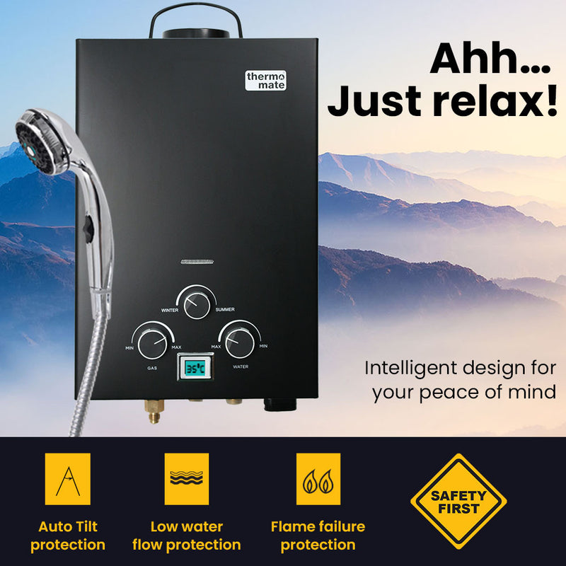 Load image into Gallery viewer, Thermomate Portable Gas Outdoor Camping Hot Water Heater System, with 12V Pump, Shower Head, Black
