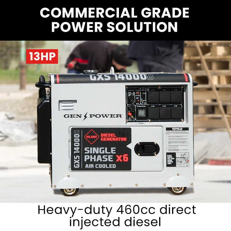 Load image into Gallery viewer, GENPOWER 8.4kW Peak 6kW Rated Commercial Diesel Generator, Electric Key Start, 6 x 15A, Single Phase
