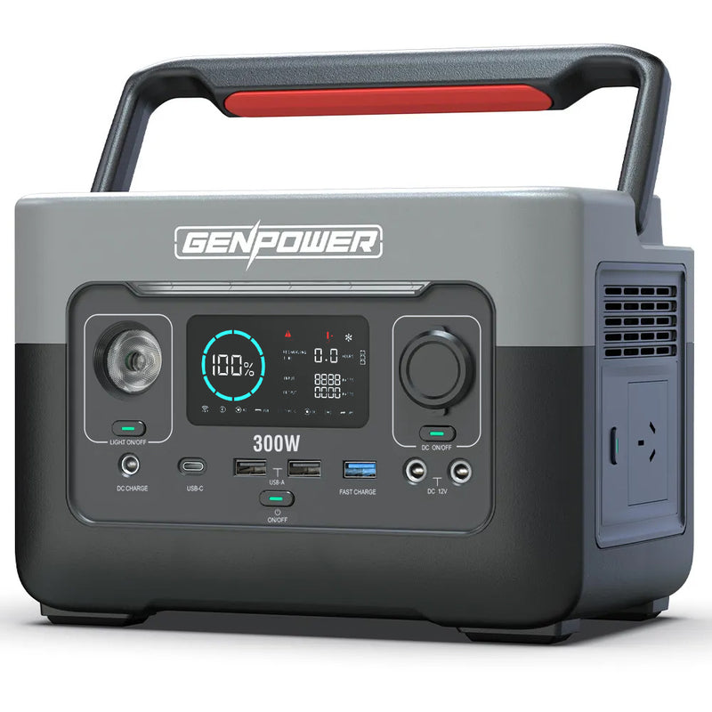 Load image into Gallery viewer, GENPOWER 300W Portable Lithium Power Station 288Wh LiFePo4, Multiple Voltage Output, 15W Wireless Charger, Ideal for Camping, Home Backup and Power Tools
