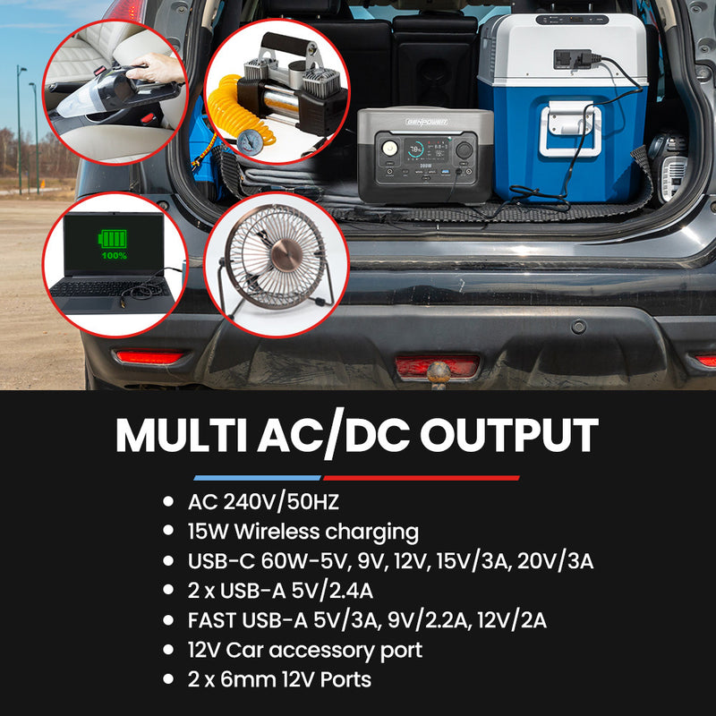 Load image into Gallery viewer, GENPOWER 300W Portable Lithium Power Station 288Wh LiFePo4, Multiple Voltage Output, 15W Wireless Charger, Ideal for Camping, Home Backup and Power Tools
