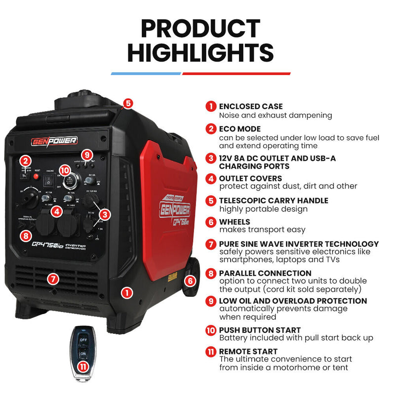 Load image into Gallery viewer, GENPOWER 4.7kW Peak 3.8kW Inverter Generator, Push Button &amp; Remote Start, Portable w/ Wheels, Camping, Backup, Mobile A/C
