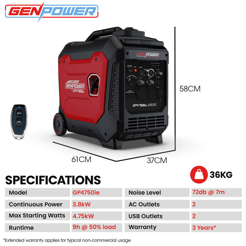 Load image into Gallery viewer, GENPOWER 4.7kW Peak 3.8kW Inverter Generator, Push Button &amp; Remote Start, Portable w/ Wheels, Camping, Backup, Mobile A/C

