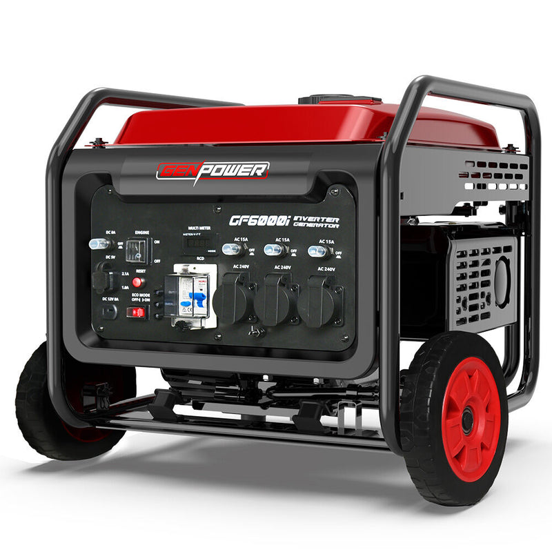 Load image into Gallery viewer, GENPOWER 6kW Peak 5kW Open Frame Inverter Generator, 3x15A, 15L Tank, Wheels, RCD, Portable, Backup
