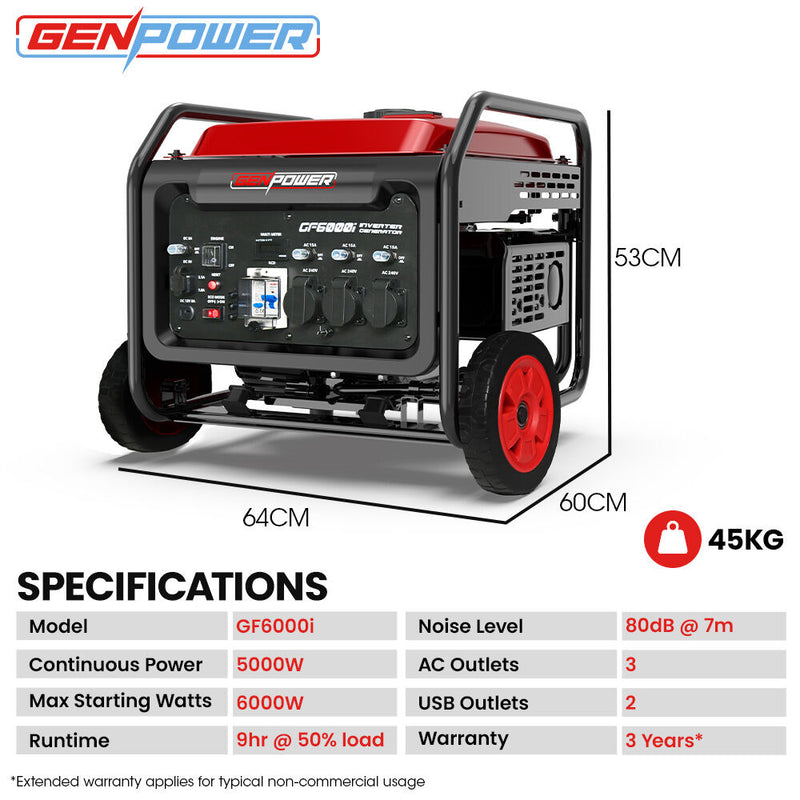 Load image into Gallery viewer, GENPOWER 6kW Peak 5kW Open Frame Inverter Generator, 3x15A, 15L Tank, Wheels, RCD, Portable, Backup
