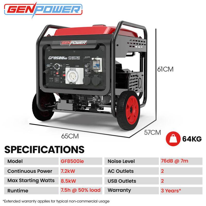 Load image into Gallery viewer, GENPOWER 8.5kW Peak 7.2kw Open Frame Inverter Generator, Push-Button Start, 2x15A, 1x32A, 20L Tank, Wheels, RCD, Portable, Backup
