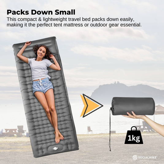 Social Hike Step-Inflating Camping Mattress Lightweight Waterproof Sleeping Grey