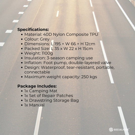 Social Hike Step-Inflating Camping Mattress Lightweight Waterproof Sleeping Grey