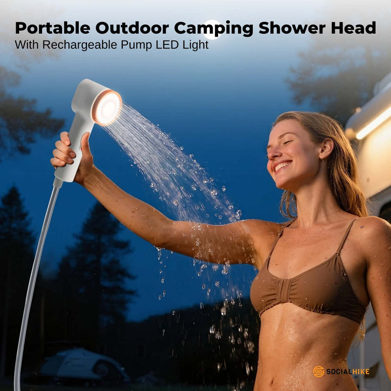Load image into Gallery viewer, Social Hike Portable Camping Shower Head - Outdoor Rechargeable Pump LED Light
