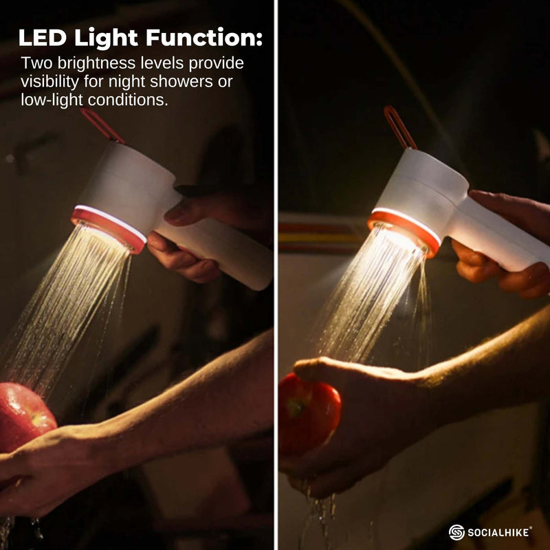 Load image into Gallery viewer, Social Hike Portable Camping Shower Head - Outdoor Rechargeable Pump LED Light
