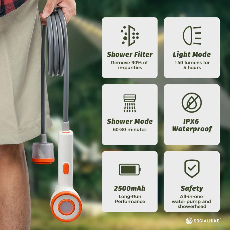 Load image into Gallery viewer, Social Hike Portable Camping Shower Head - Outdoor Rechargeable Pump LED Light
