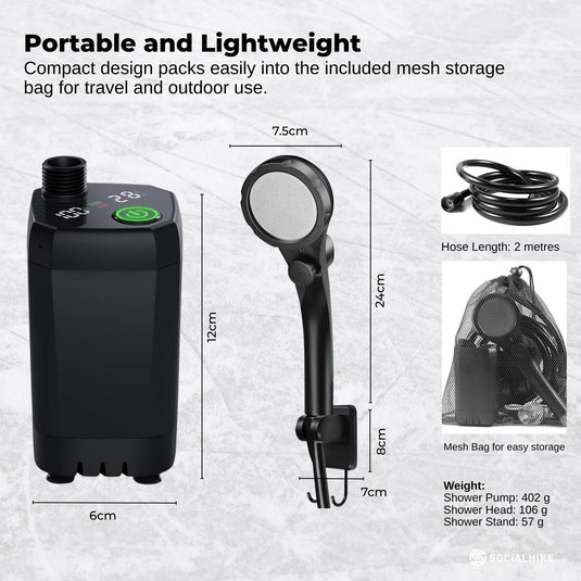 Social Hike Portable Camping Shower Kit - 6000MAh Outdoor Rechargeable Pump LED