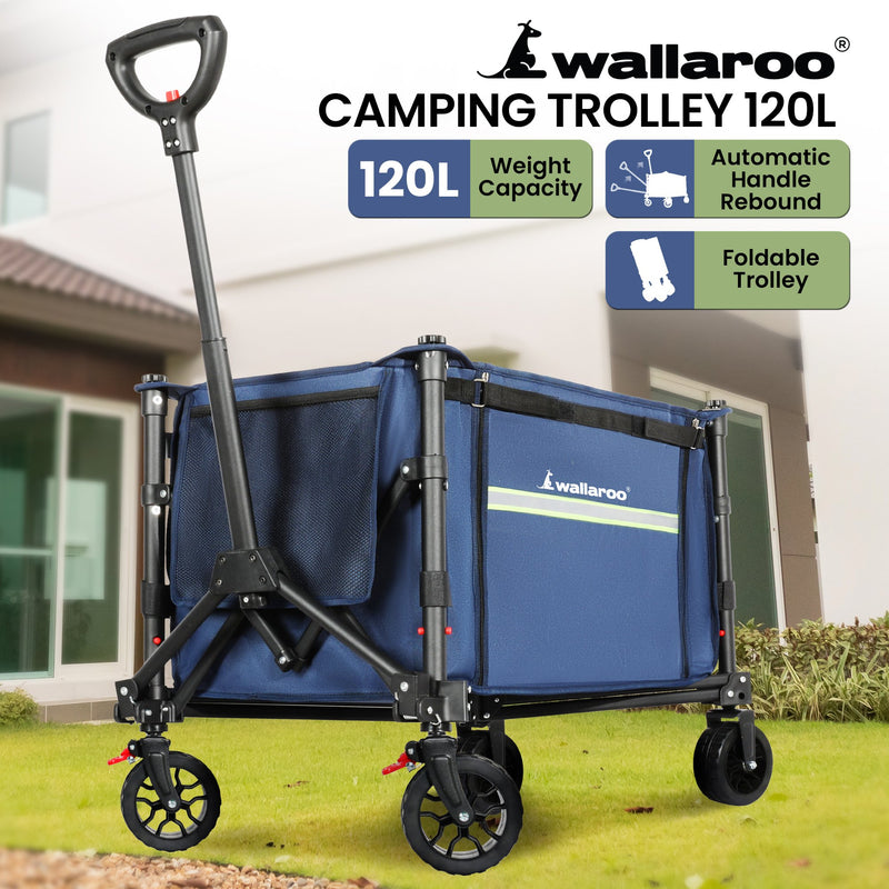 Load image into Gallery viewer, Wallaroo Collapsible 120L Blue Camping Trolley Steel Picnic Shopping Cart
