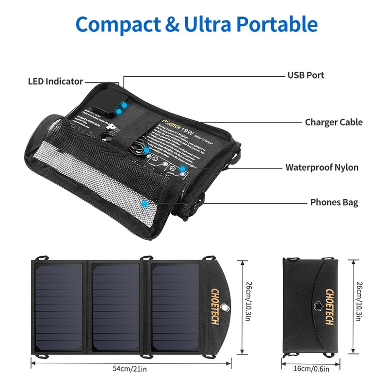 Load image into Gallery viewer, CHOETECH SC001 19W Portable Solar Panel Charger SunPower Panels Dual USB Charger for Camping/RV/Outdoors
