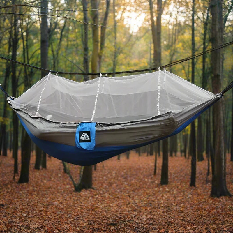 Load image into Gallery viewer, TERRAN Camping Hammock with Mosquito Net - Blue and Grey
