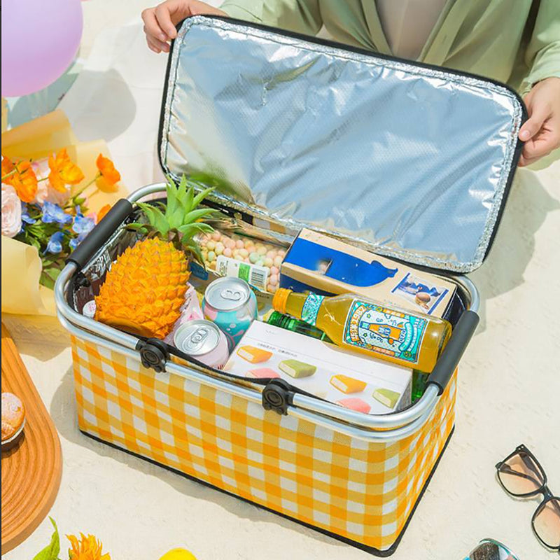 Load image into Gallery viewer, Collapsible Outdoor Camping Portable Insulated Picnic Basket Camping Picnic Ice Pack(Yellow Grid)
