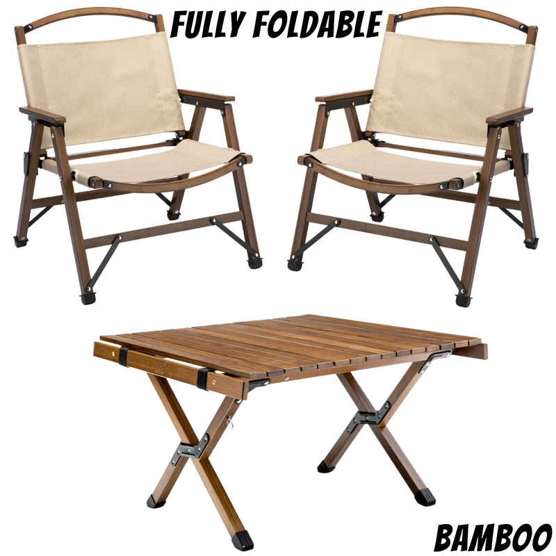 Load image into Gallery viewer, Bamboo Foldable Camping Table + 2 Chairs Waterproof Wood Wooden Travel Set Kit
