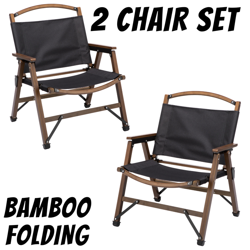 Load image into Gallery viewer, 2x Bamboo Canvas Foldable Outdoor Camping Chair Wooden Travel Picnic Park - Black
