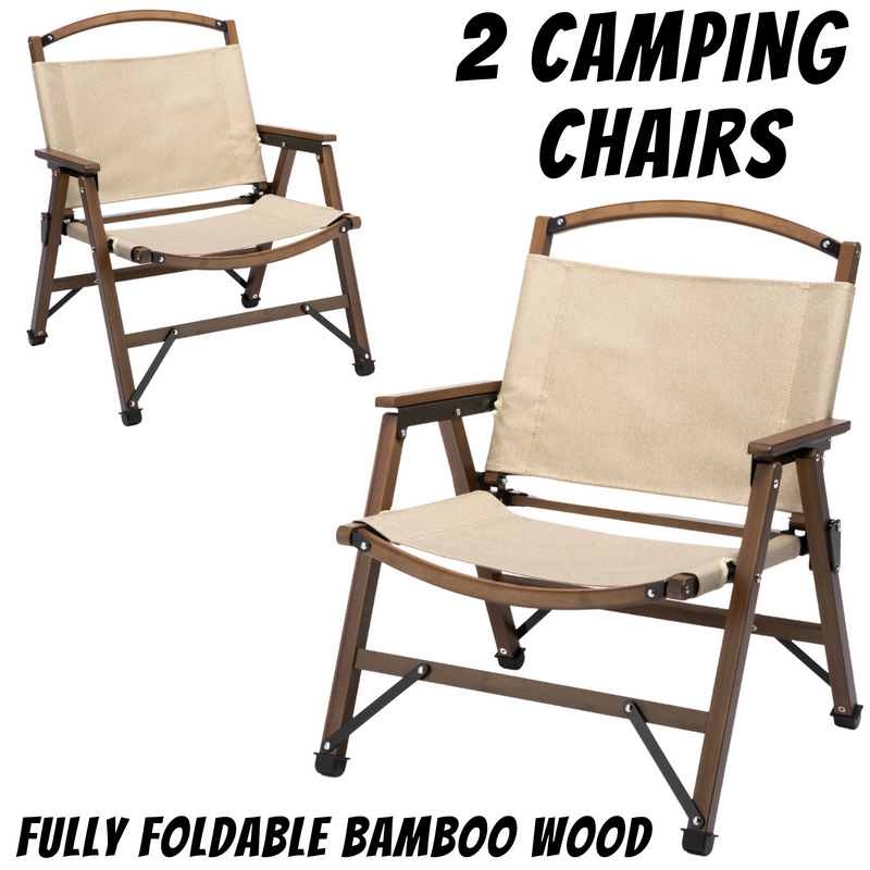 Load image into Gallery viewer, 2x Bamboo Foldable Outdoor Camping Chair Wooden Travel Picnic Park Folding - Khaki/Beige
