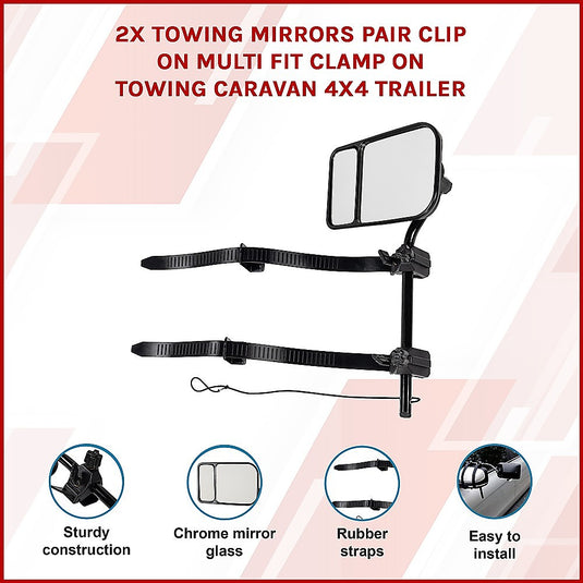 2x Towing Mirrors Pair Clip on Multi Fit Clamp On Towing Caravan 4X4 Trailer