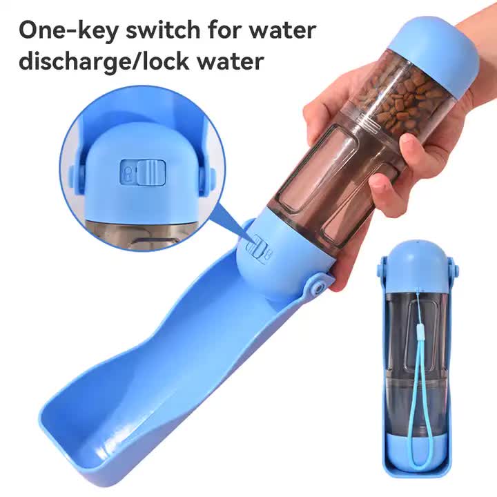 Load image into Gallery viewer, 2-in-1 Portable Pet Water and Food Bottle - Leak-Proof Design with Water Lock and Easy Dispenser,300ml Water+200ml food feeder  Blue Colour
