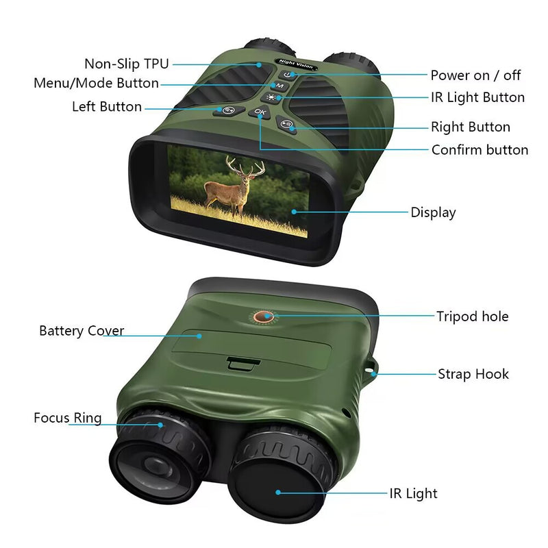 Load image into Gallery viewer, Green Digital Night Vision Binoculars - 3.0&#39;&#39; IPS Screen, 10X Optical Zoom, 2.5K Video Recording, Infrared for 300m Range
