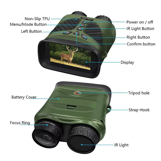 Green Digital Night Vision Binoculars - 3.0'' IPS Screen, 10X Optical Zoom, 2.5K Video Recording, Infrared for 300m Range