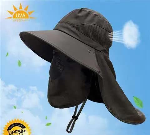 Load image into Gallery viewer, Black Outdoor UV Protection Hat for Men - Detachable Face &amp; Neck Shield, Large Brim Sun Hat for Fishing, Hiking, and Outdoor Activities
