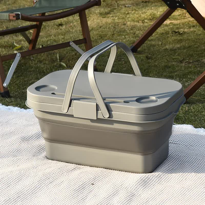 Load image into Gallery viewer, Grey Foldable Outdoor Picnic Basket with Lid and Tabletop, Camping Storage Box, Car-Friendly Organizer
