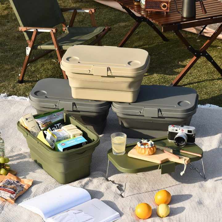 Load image into Gallery viewer, Grey Foldable Outdoor Picnic Basket with Lid and Tabletop, Camping Storage Box, Car-Friendly Organizer
