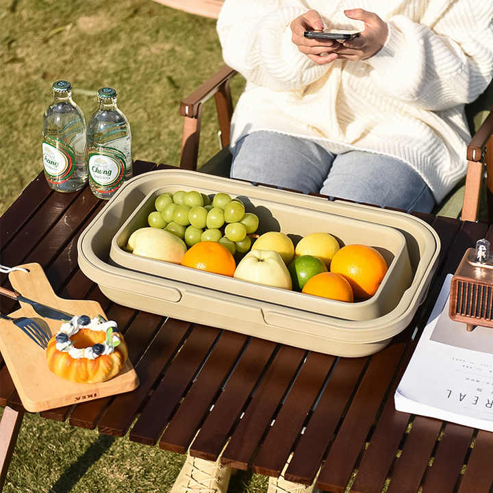 Load image into Gallery viewer, Grey Foldable Outdoor Picnic Basket with Lid and Tabletop, Camping Storage Box, Car-Friendly Organizer
