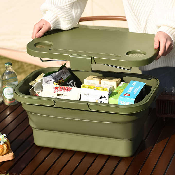 Load image into Gallery viewer, Grey Foldable Outdoor Picnic Basket with Lid and Tabletop, Camping Storage Box, Car-Friendly Organizer
