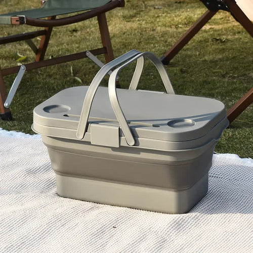 Army Green Foldable Outdoor Picnic Basket with Lid and Tabletop, Camping Storage Box, Car-Friendly Organizer