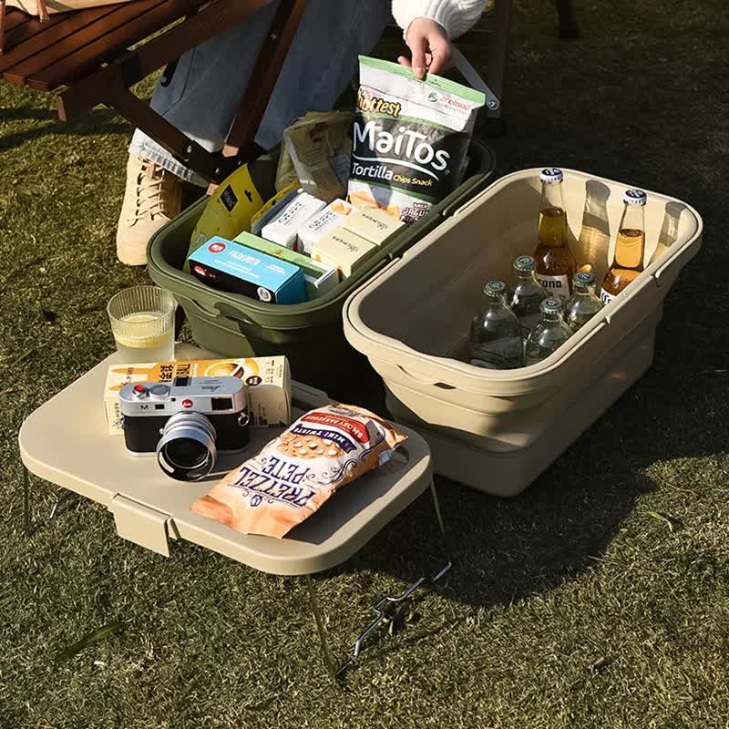 Load image into Gallery viewer, Army Green Foldable Outdoor Picnic Basket with Lid and Tabletop, Camping Storage Box, Car-Friendly Organizer
