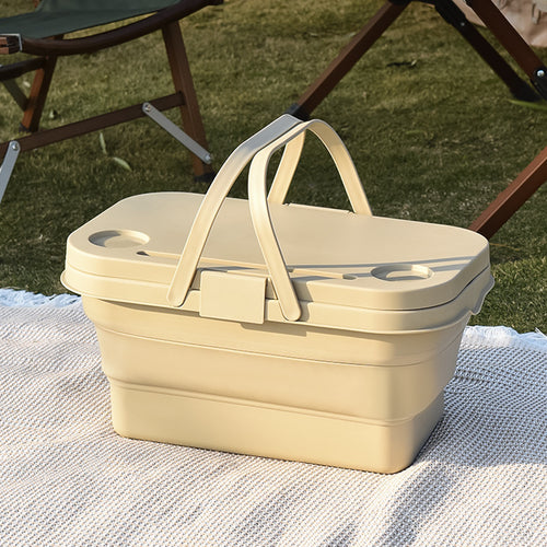 Ivory Foldable Outdoor Picnic Basket with Lid and Tabletop, Camping Storage Box, Car-Friendly Organizer