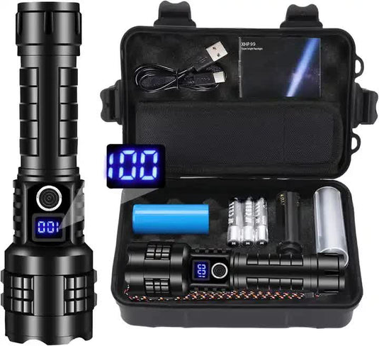 Gift Box LED Self-Defense Flashlight - Powerful Rechargeable Type-C LED Torch with Digital Display for Home & Outdoor Use