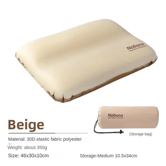 Beige Automatic Inflatable 3D Outdoor Sponge Pillow - Portable Camping Travel Neck Cushion, Comfortable Air Mattress for Tent, Versatile Nap Pillow