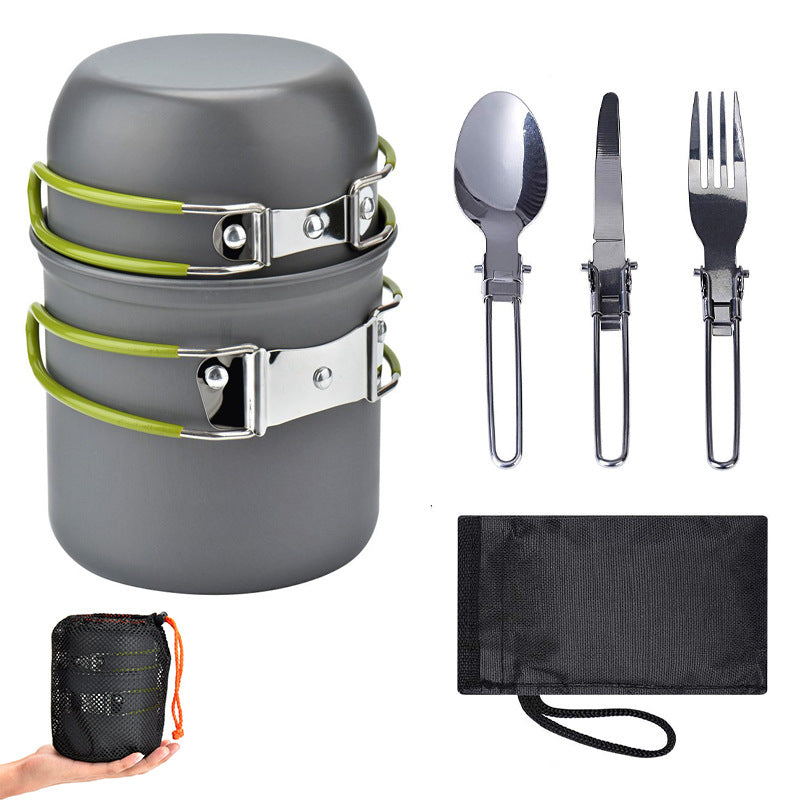 Load image into Gallery viewer, Green And Grey Compact Outdoor Camping Cookware Set with 410 Stainless Steel Utensils
