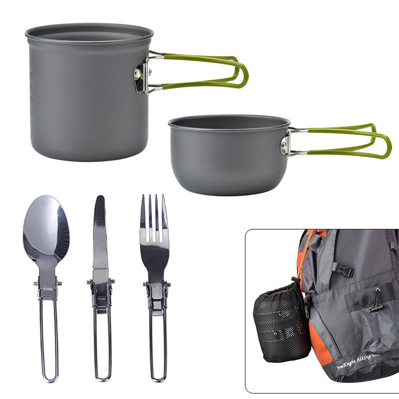 Load image into Gallery viewer, Green And Grey Compact Outdoor Camping Cookware Set with 410 Stainless Steel Utensils
