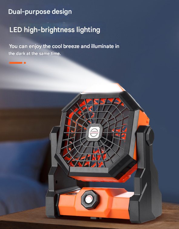 Load image into Gallery viewer, Black-orange Portable USB Camping Fan with 7800mAh Battery and 3-Mode LED Lighting
